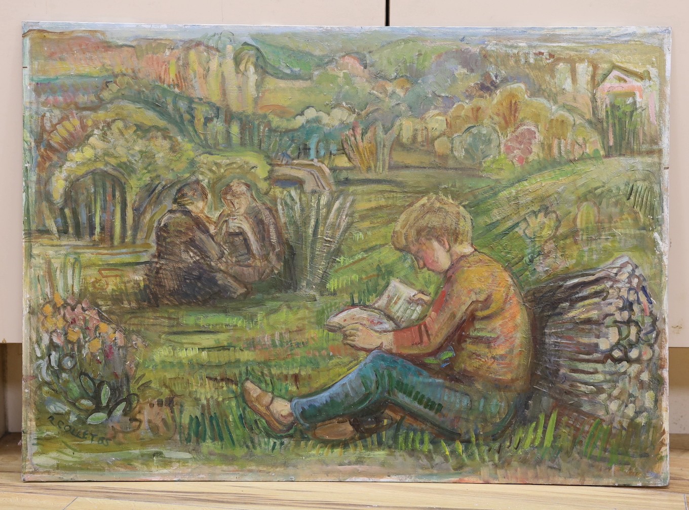 Ruth Isabelle Collet (1909-2001), oil on board, Boy reading in a landscape, signed and dated '85, 55 x 77cm, unframed